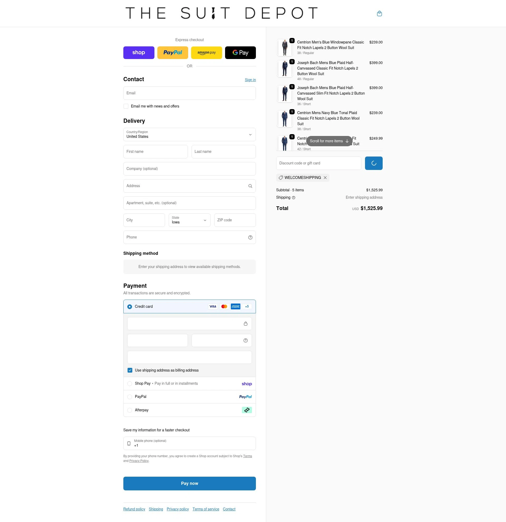 The Suit Depot checkout page showing The Suit Depot discount code box | Screenshot taken by SimplyCodes community member on Feb 14, 2026