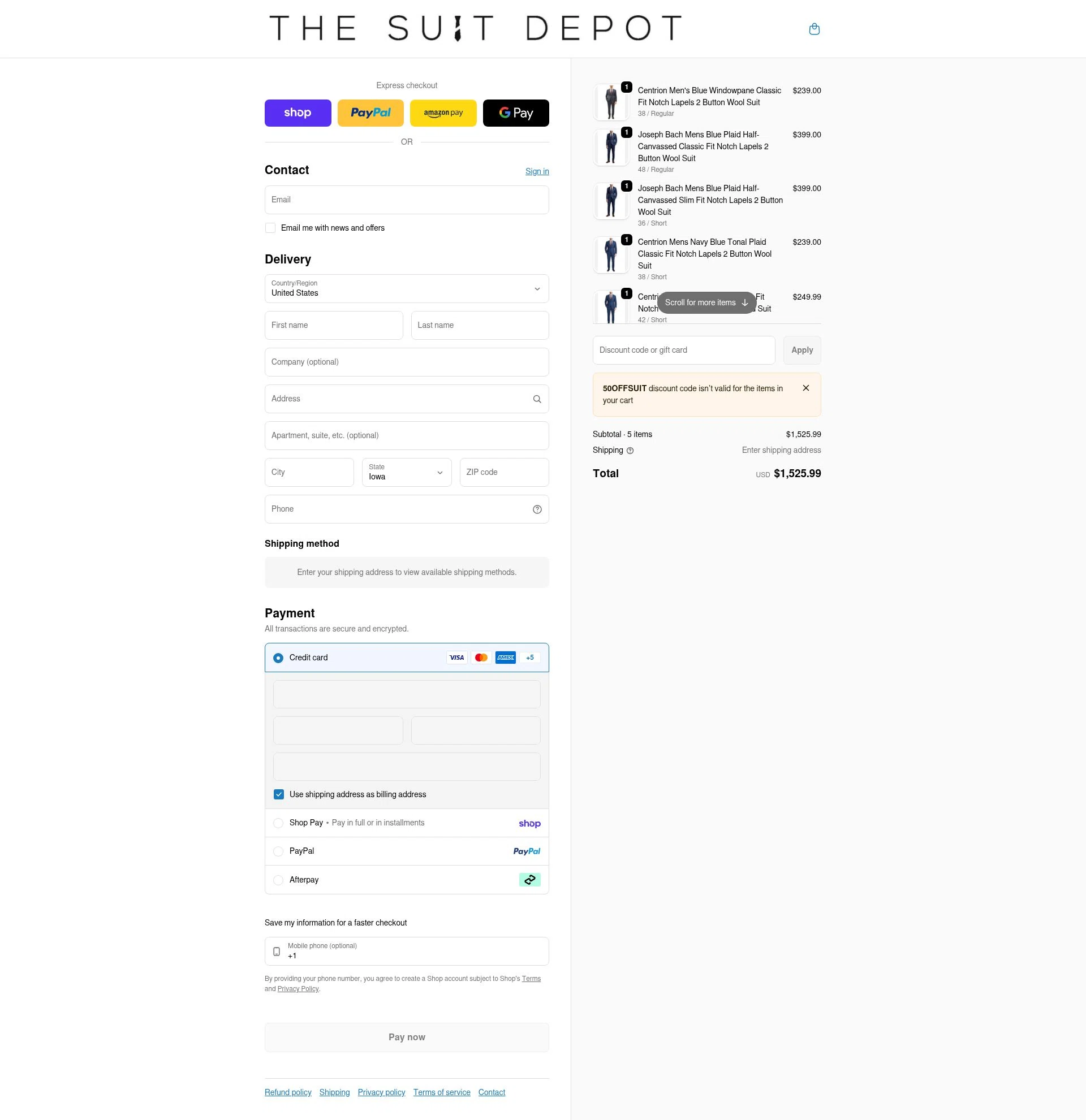 The Suit Depot checkout page showing The Suit Depot discount code box | Screenshot taken by SimplyCodes community member on Feb 9, 2026