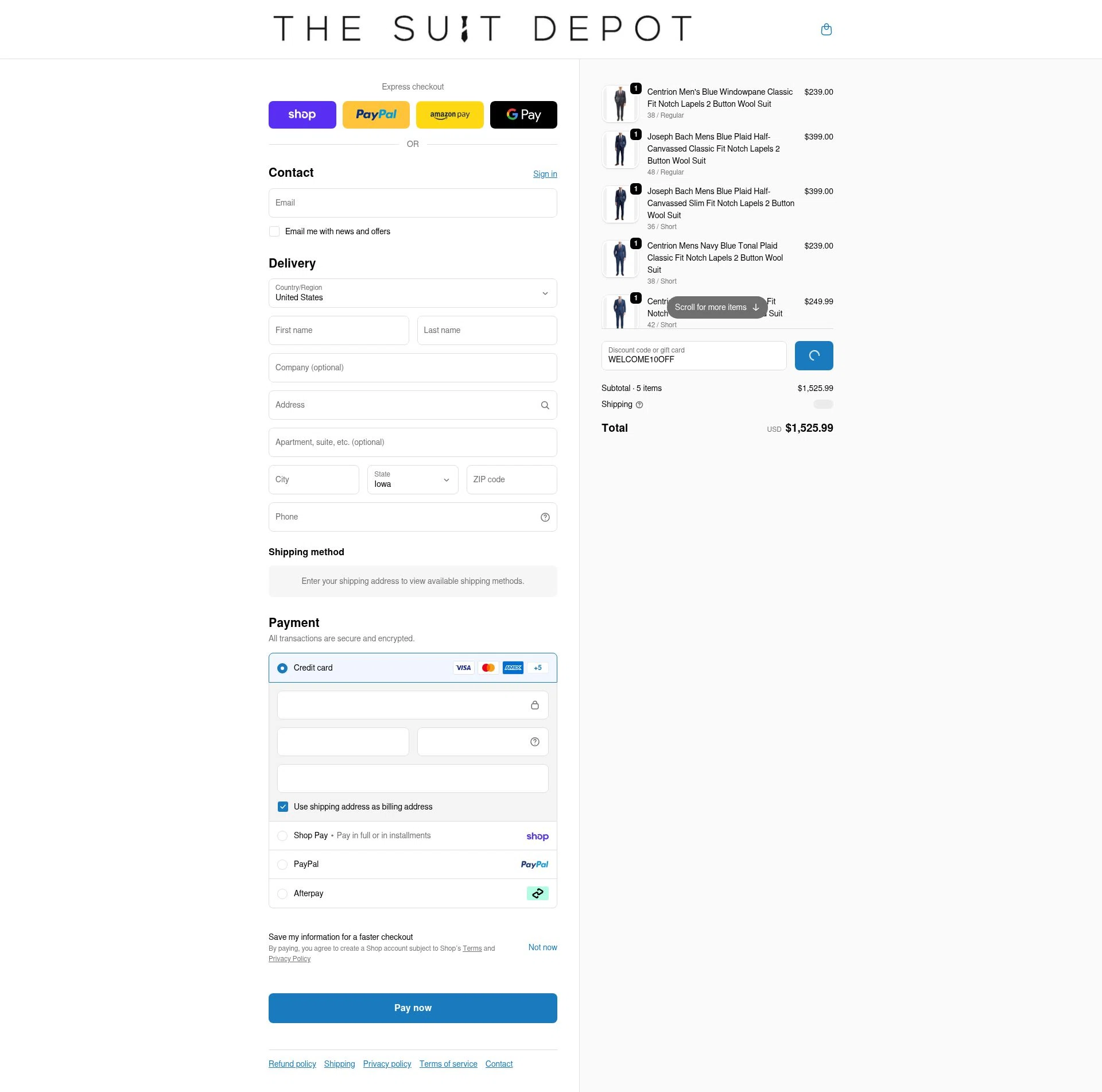 The Suit Depot checkout page showing The Suit Depot discount code box | Screenshot taken by SimplyCodes community member on Feb 18, 2026