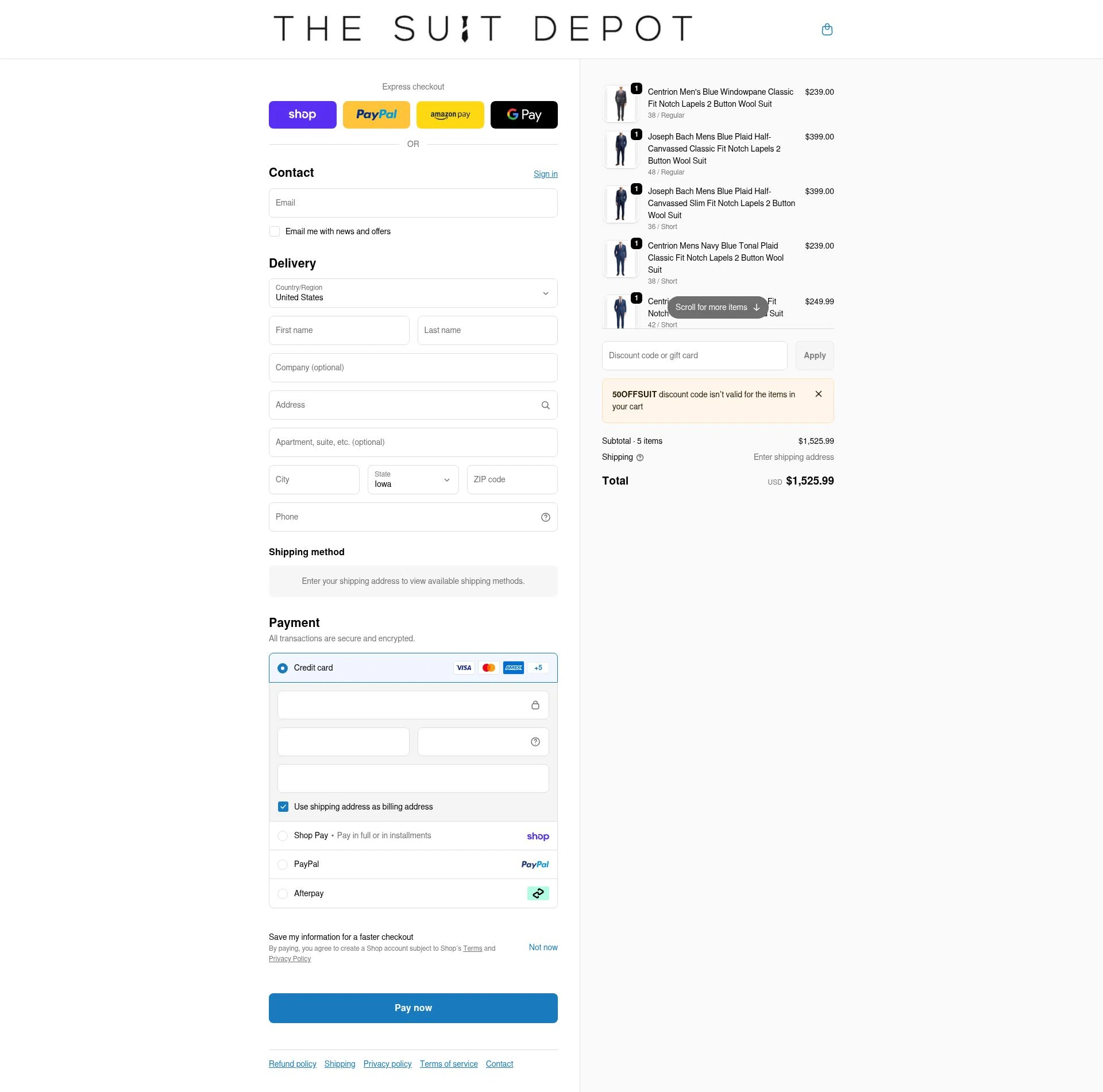 The Suit Depot checkout page showing The Suit Depot discount code box | Screenshot taken by SimplyCodes community member on Feb 18, 2026