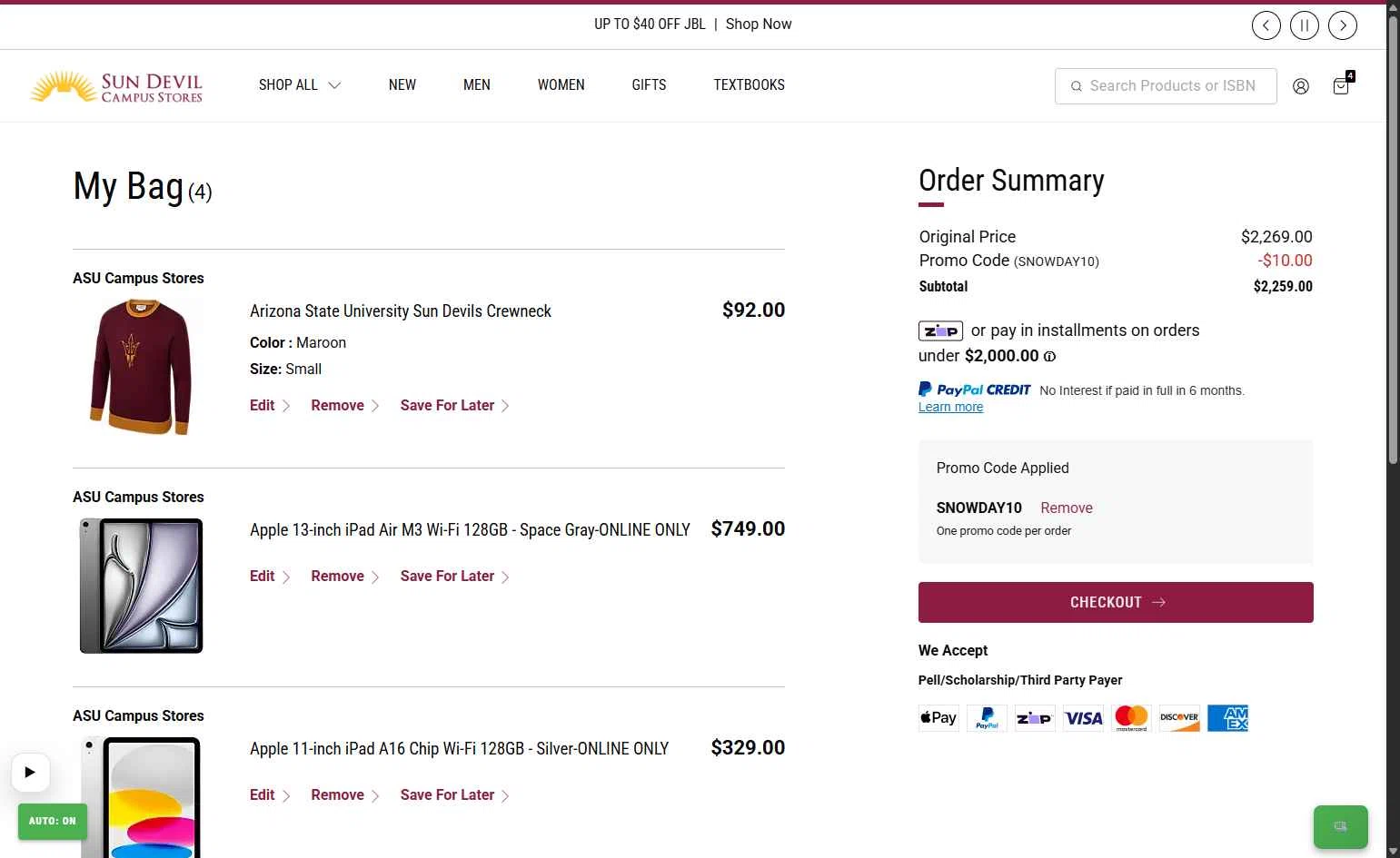 The Sun Devils checkout page showing The Sun Devils promo code box | Screenshot taken by SimplyCodes community member on Feb 9, 2026