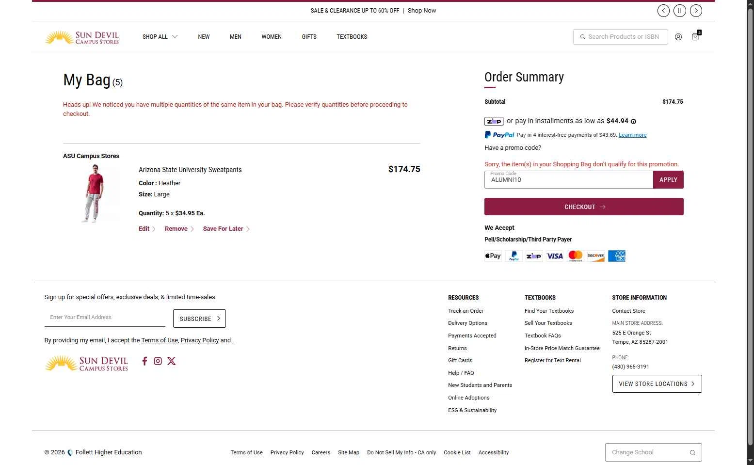The Sun Devils checkout page showing The Sun Devils promo code box | Screenshot taken by SimplyCodes community member on Feb 2, 2026