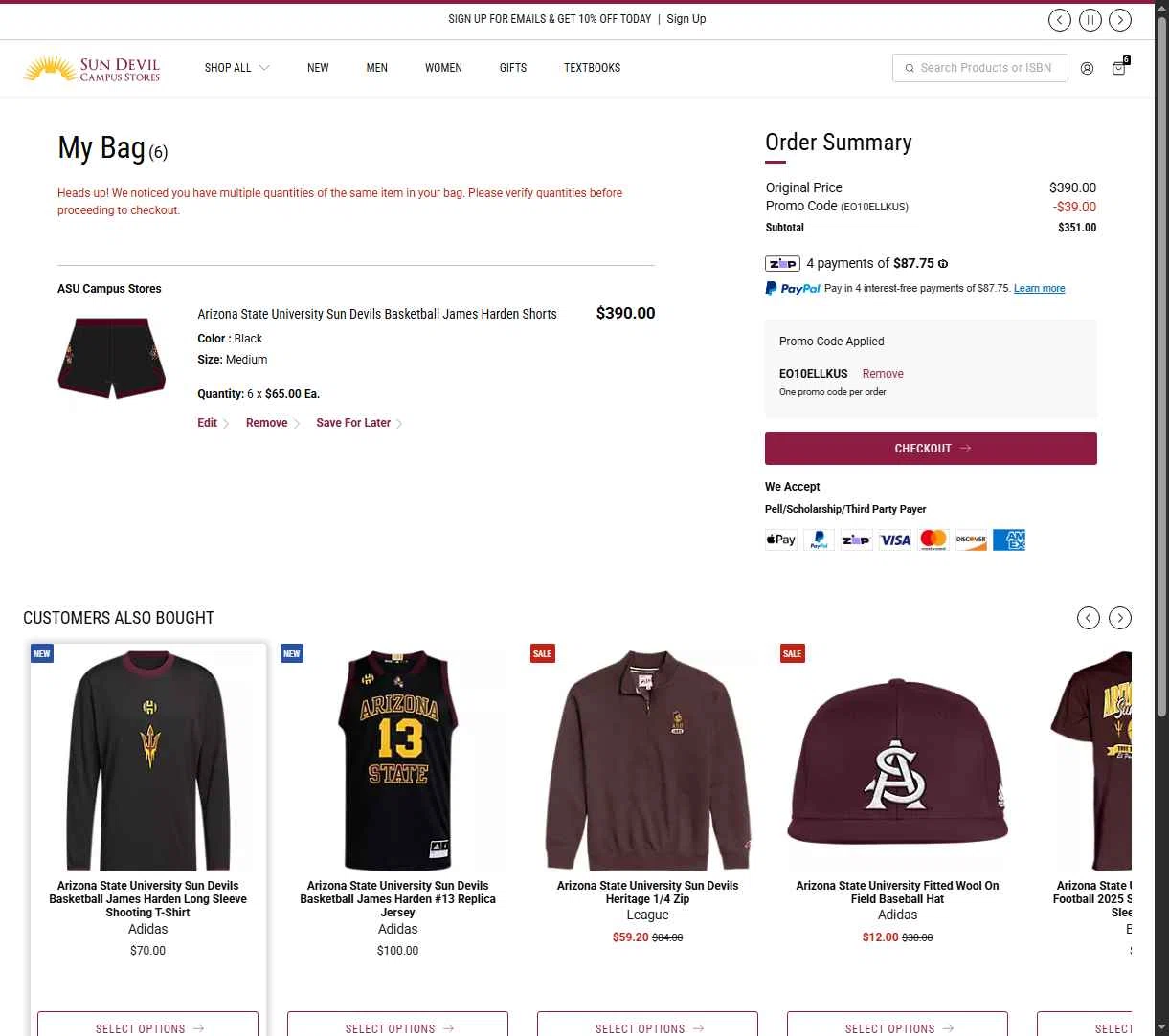 The Sun Devils checkout page showing The Sun Devils promo code box | Screenshot taken by SimplyCodes community member on Jan 31, 2026