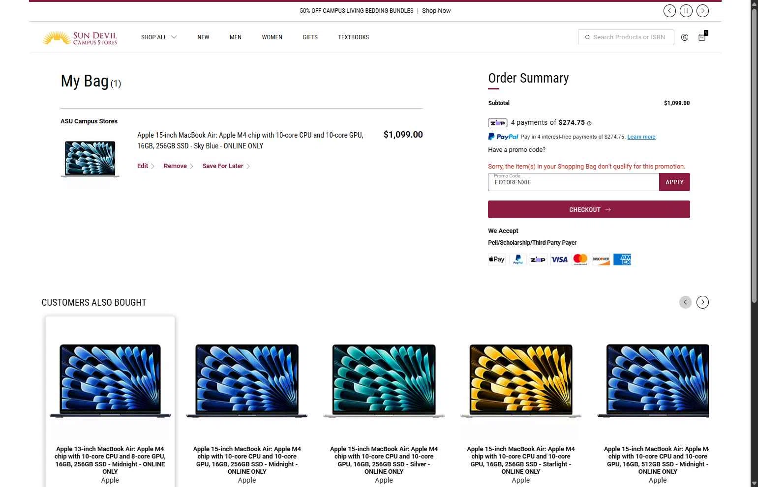 The Sun Devils checkout page showing The Sun Devils promo code box | Screenshot taken by SimplyCodes community member on Jan 31, 2026