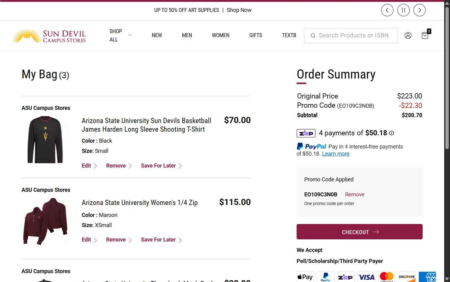 The Sun Devils checkout page showing The Sun Devils promo code box | Screenshot taken by SimplyCodes community member on Feb 9, 2026