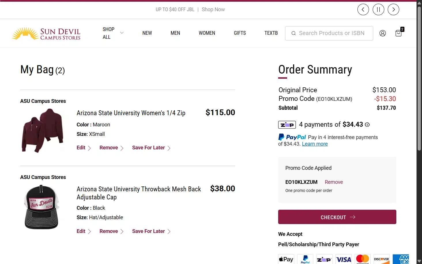 The Sun Devils checkout page showing The Sun Devils promo code box | Screenshot taken by SimplyCodes community member on Feb 7, 2026