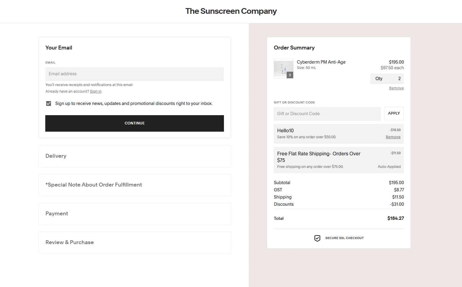 The Sunscreen Company checkout page showing The Sunscreen Company discount code box | Screenshot taken by SimplyCodes community member on Dec 11, 2025