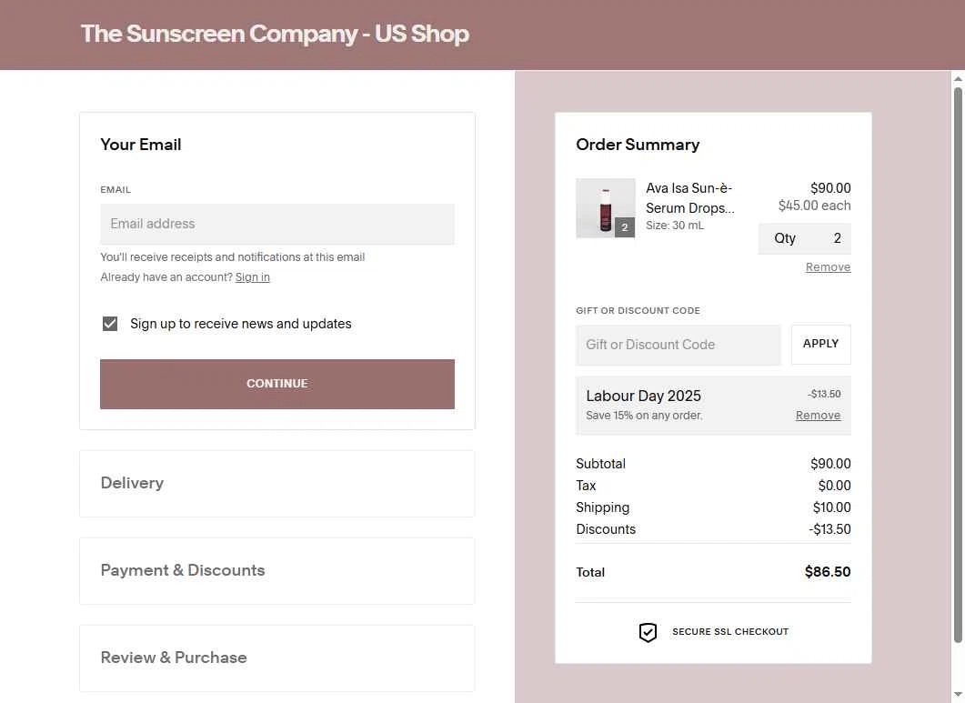 The Sunscreen Company checkout page showing The Sunscreen Company discount code box | Screenshot taken by SimplyCodes community member on Aug 28, 2025