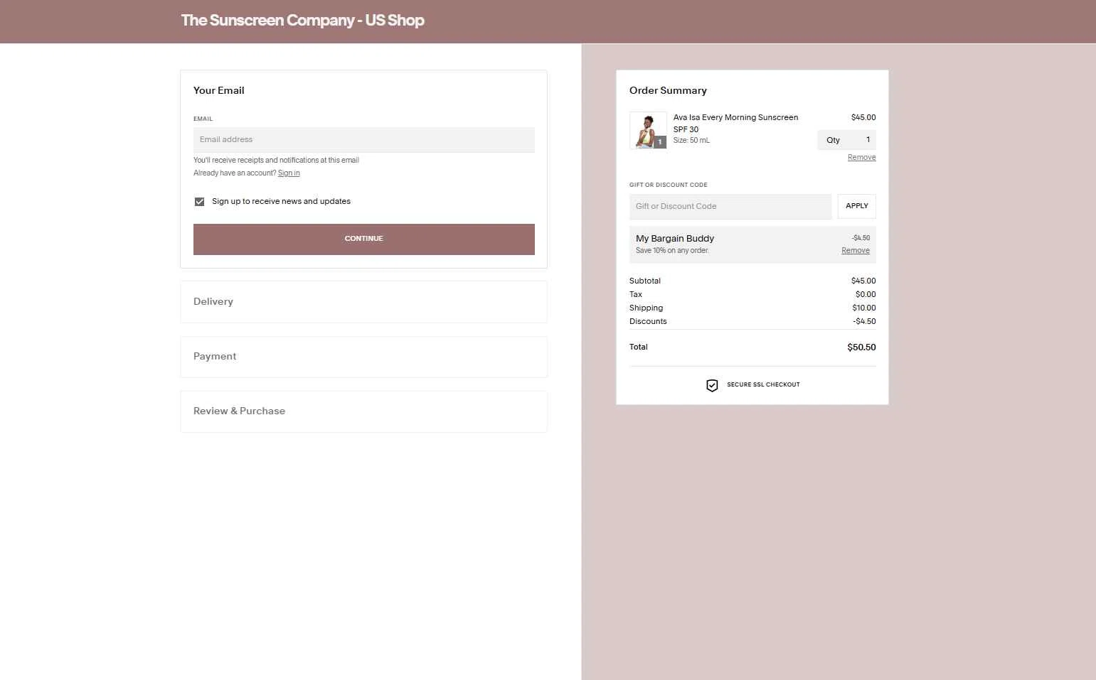The Sunscreen Company checkout page showing The Sunscreen Company discount code box | Screenshot taken by SimplyCodes community member on Dec 11, 2025