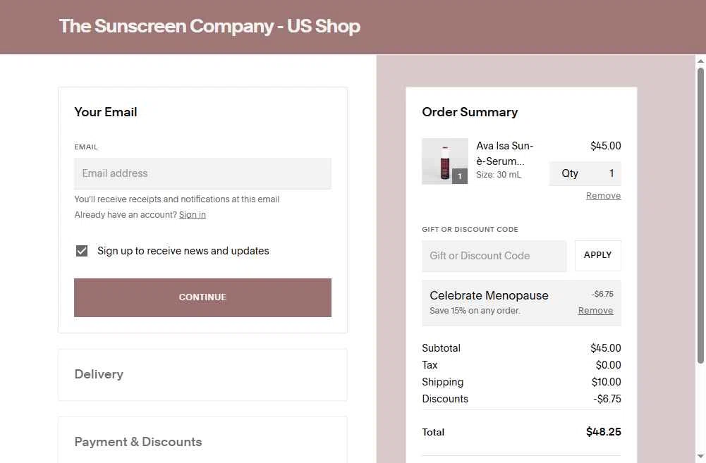 The Sunscreen Company checkout page showing The Sunscreen Company discount code box | Screenshot taken by SimplyCodes community member on Oct 16, 2025