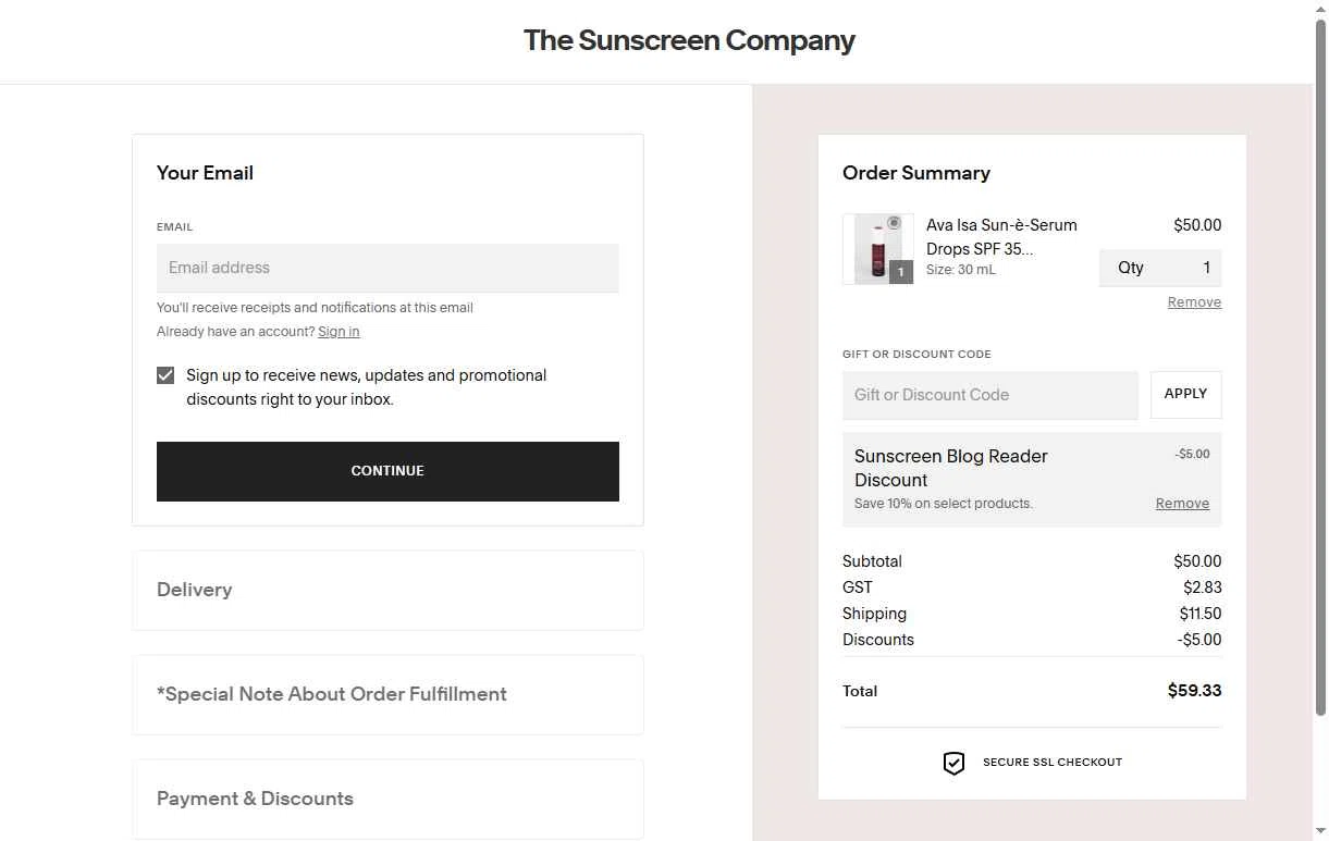 The Sunscreen Company checkout page showing The Sunscreen Company discount code box | Screenshot taken by SimplyCodes community member on Jul 24, 2025