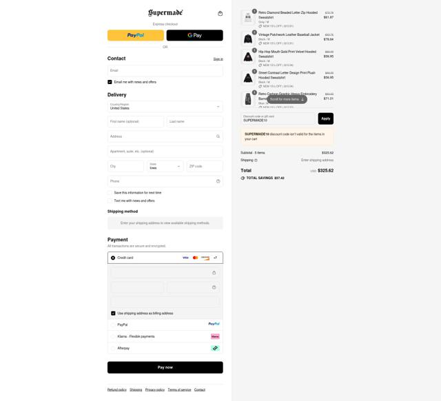 Thesupermade checkout page showing Thesupermade discount code box | Screenshot taken by SimplyCodes community member on Sep 11, 2025