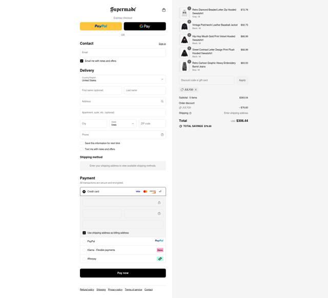 Thesupermade checkout page showing Thesupermade discount code box | Screenshot taken by SimplyCodes community member on Sep 11, 2025