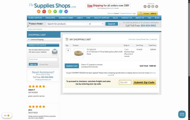 Supplies Shops checkout page showing Supplies Shops coupon code box | Screenshot taken by SimplyCodes community member on Sep 9, 2025