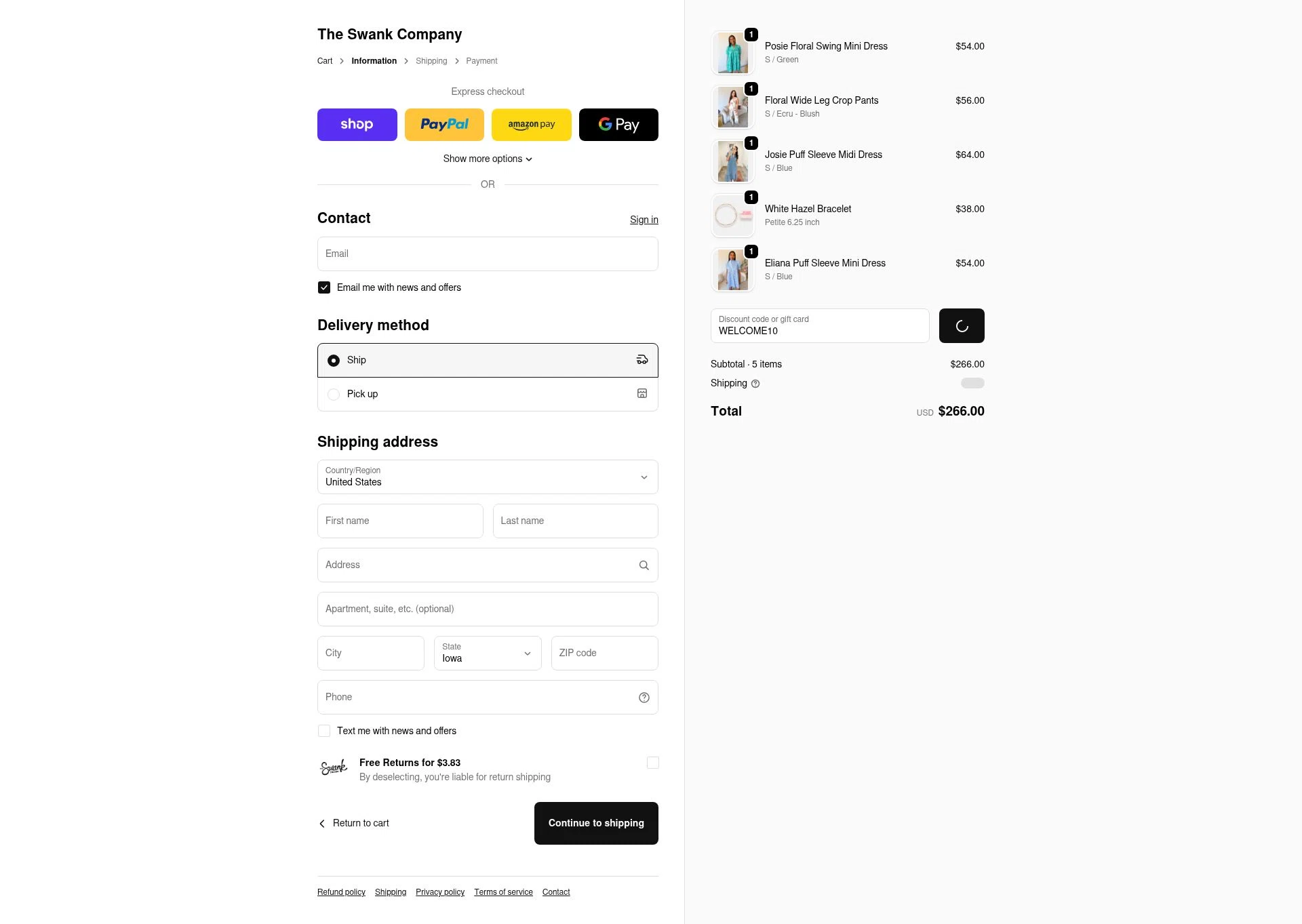 The Swank Company checkout page showing The Swank Company discount code box | Screenshot taken by SimplyCodes community member on Feb 18, 2026