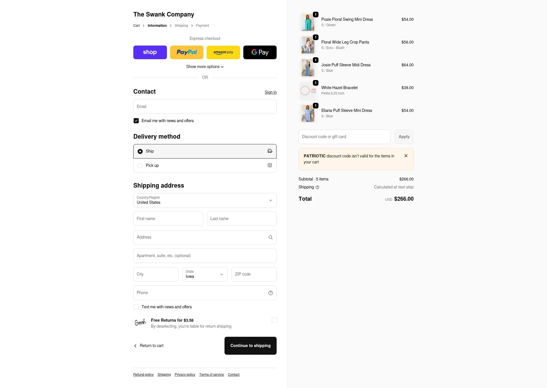 The Swank Company checkout page showing The Swank Company discount code box | Screenshot taken by SimplyCodes community member on Feb 14, 2026