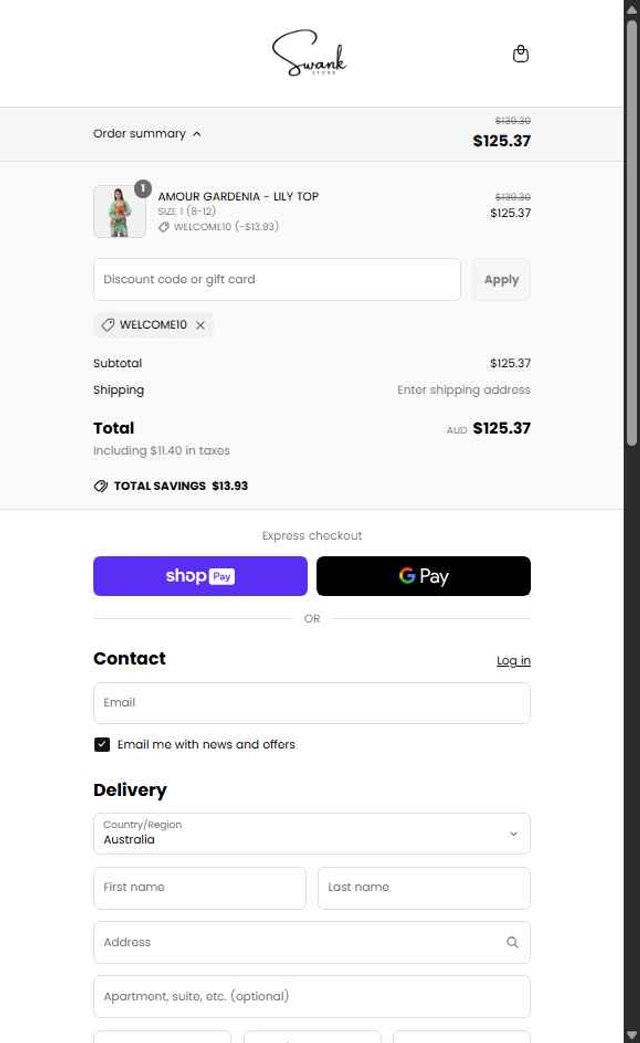 The Swank Store checkout page showing The Swank Store discount code box | Screenshot taken by SimplyCodes community member on Apr 27, 2025