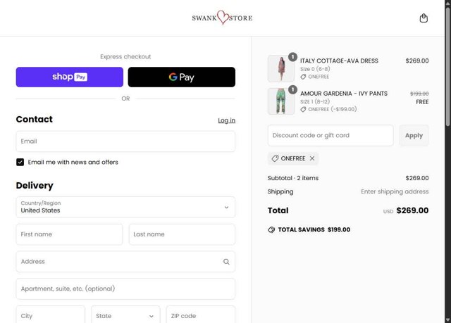 The Swank Store checkout page showing The Swank Store discount code box | Screenshot taken by SimplyCodes community member on Apr 19, 2025