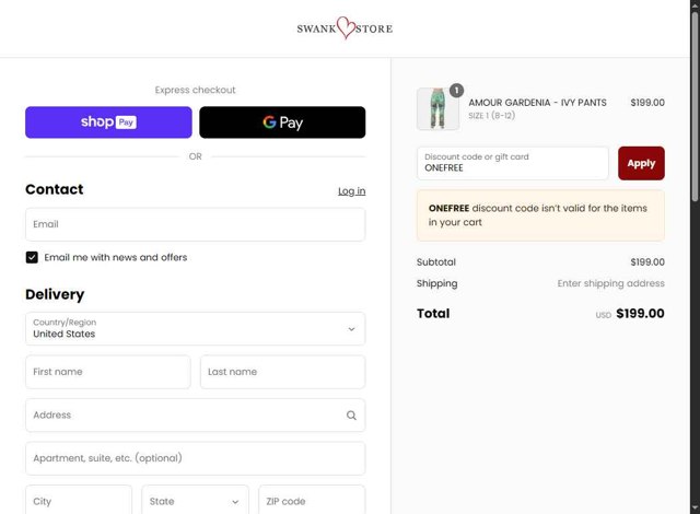 The Swank Store checkout page showing The Swank Store discount code box | Screenshot taken by SimplyCodes community member on Apr 19, 2025