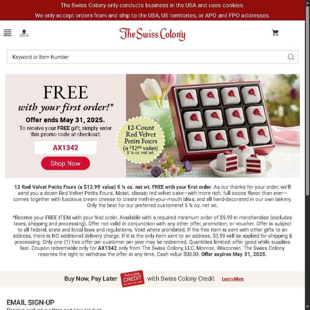 The Swiss Colony checkout page showing The Swiss Colony promo code box | Screenshot taken by SimplyCodes community member on Jul 18, 2025