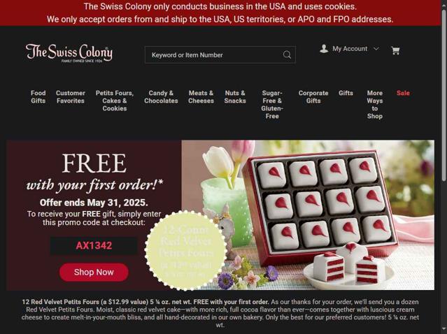 The Swiss Colony checkout page showing The Swiss Colony promo code box | Screenshot taken by SimplyCodes community member on Jul 18, 2025