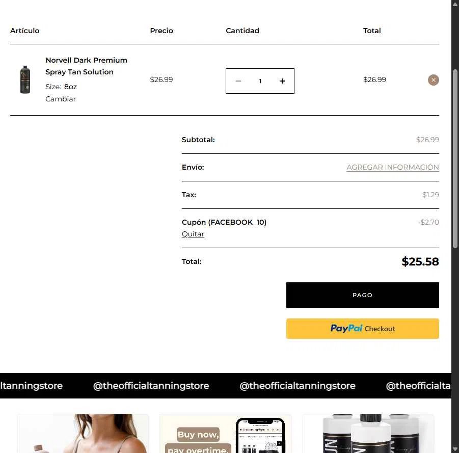 The Tanning Store checkout page showing The Tanning Store promo code box | Screenshot taken by SimplyCodes community member on Jul 20, 2025