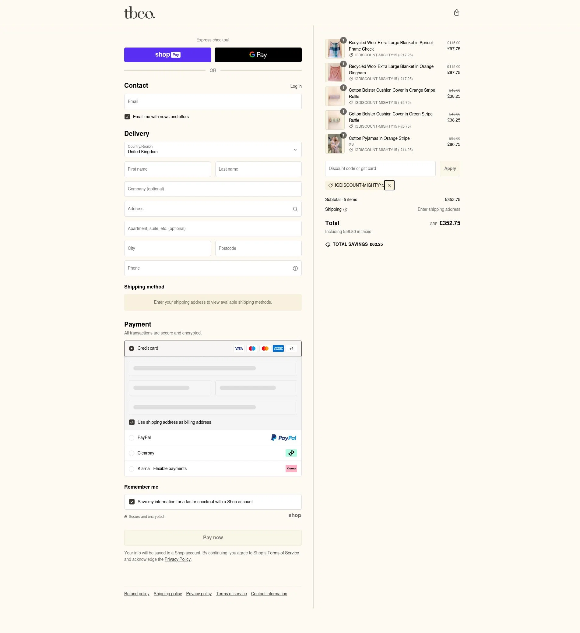 The Tartan Blanket checkout page showing The Tartan Blanket promo code box | Screenshot taken by SimplyCodes community member on Feb 24, 2025