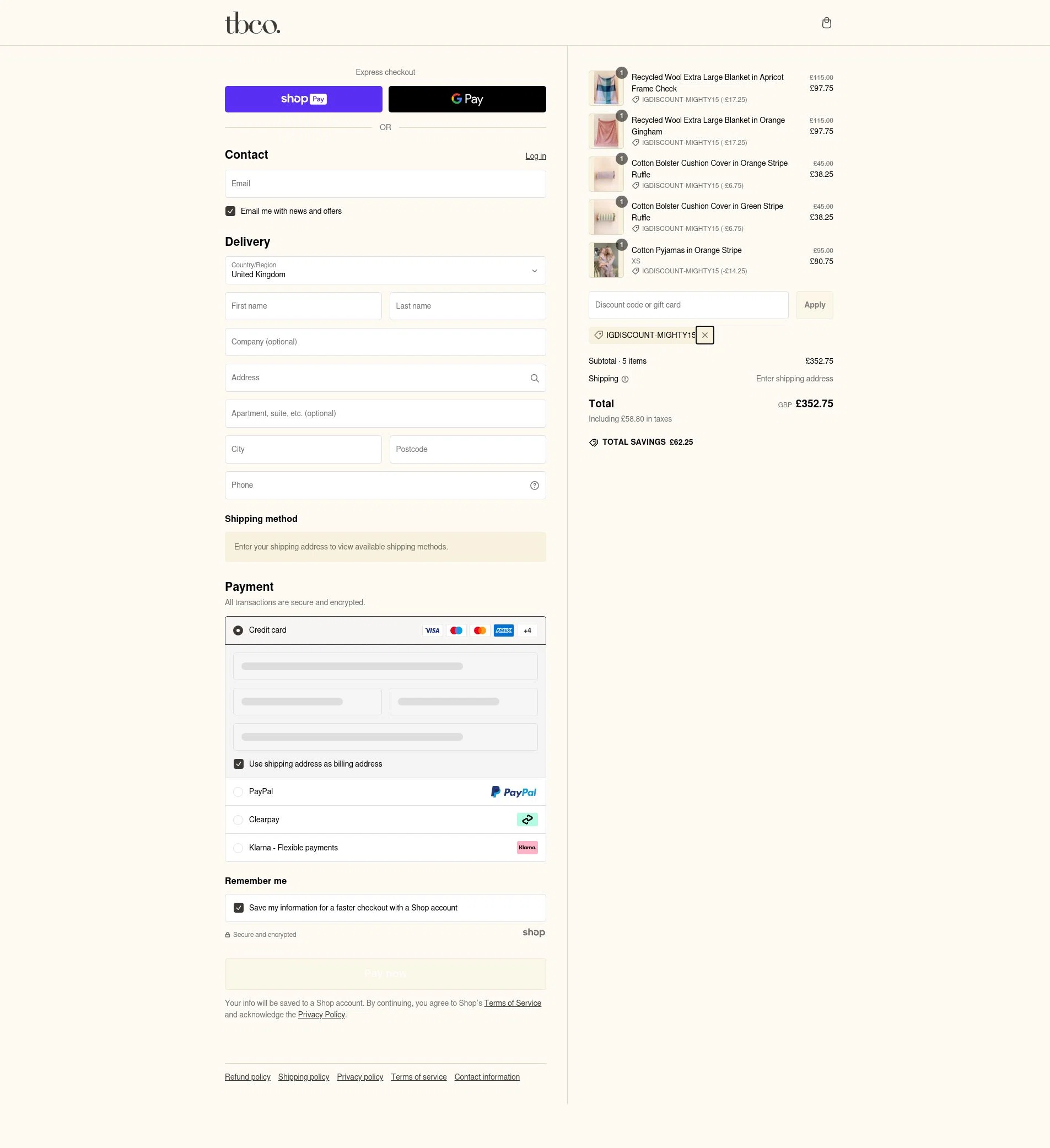 The Tartan Blanket checkout page showing The Tartan Blanket promo code box | Screenshot taken by SimplyCodes community member on Feb 17, 2025