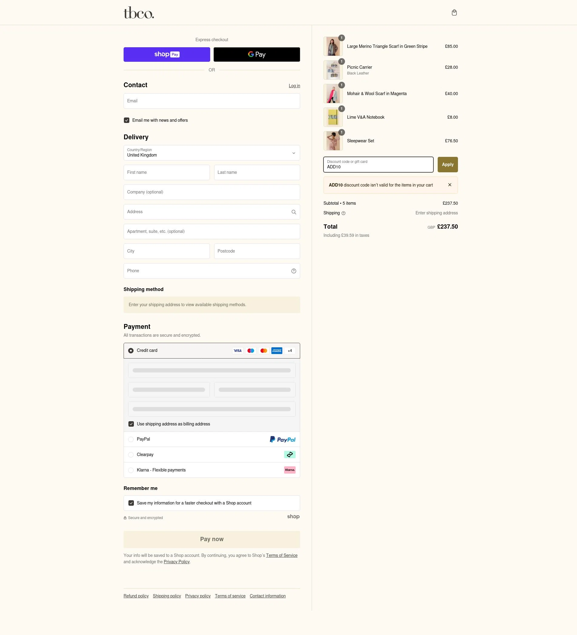 The Tartan Blanket checkout page showing The Tartan Blanket promo code box | Screenshot taken by SimplyCodes community member on Jan 14, 2025