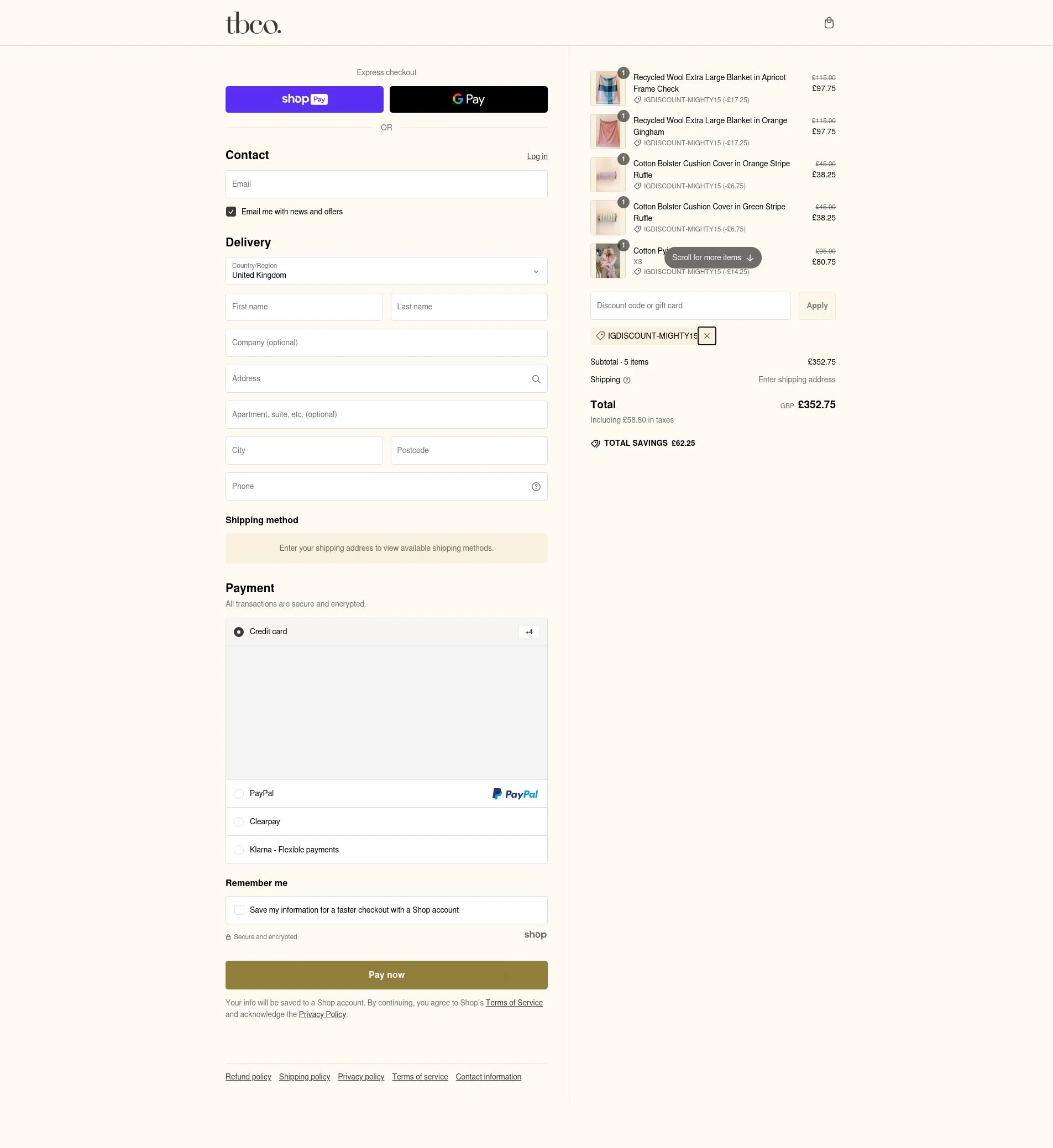The Tartan Blanket checkout page showing The Tartan Blanket promo code box | Screenshot taken by SimplyCodes community member on Feb 23, 2025