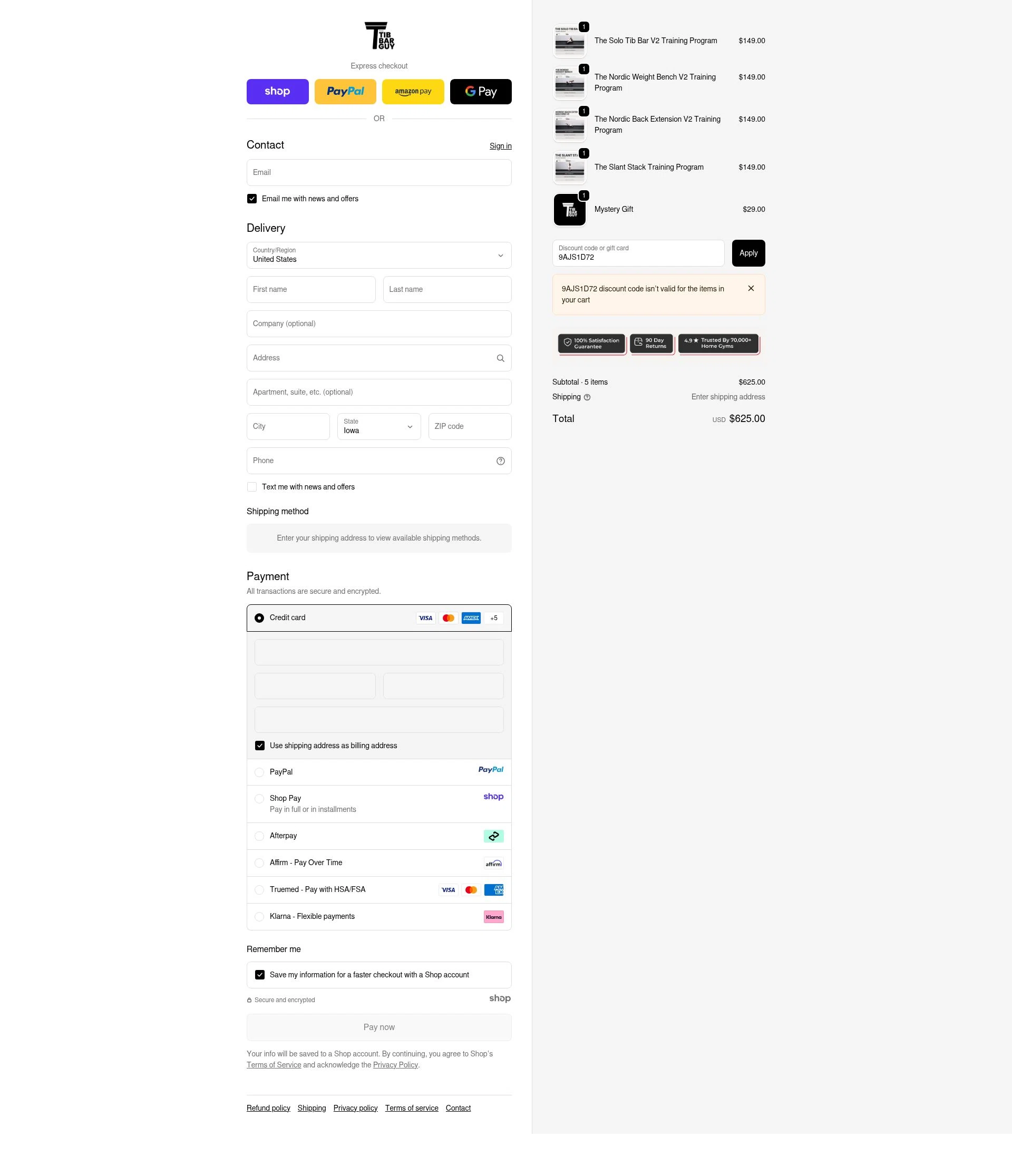 The Tib Bar Guy checkout page showing The Tib Bar Guy promo code box | Screenshot taken by SimplyCodes community member on Oct 27, 2025