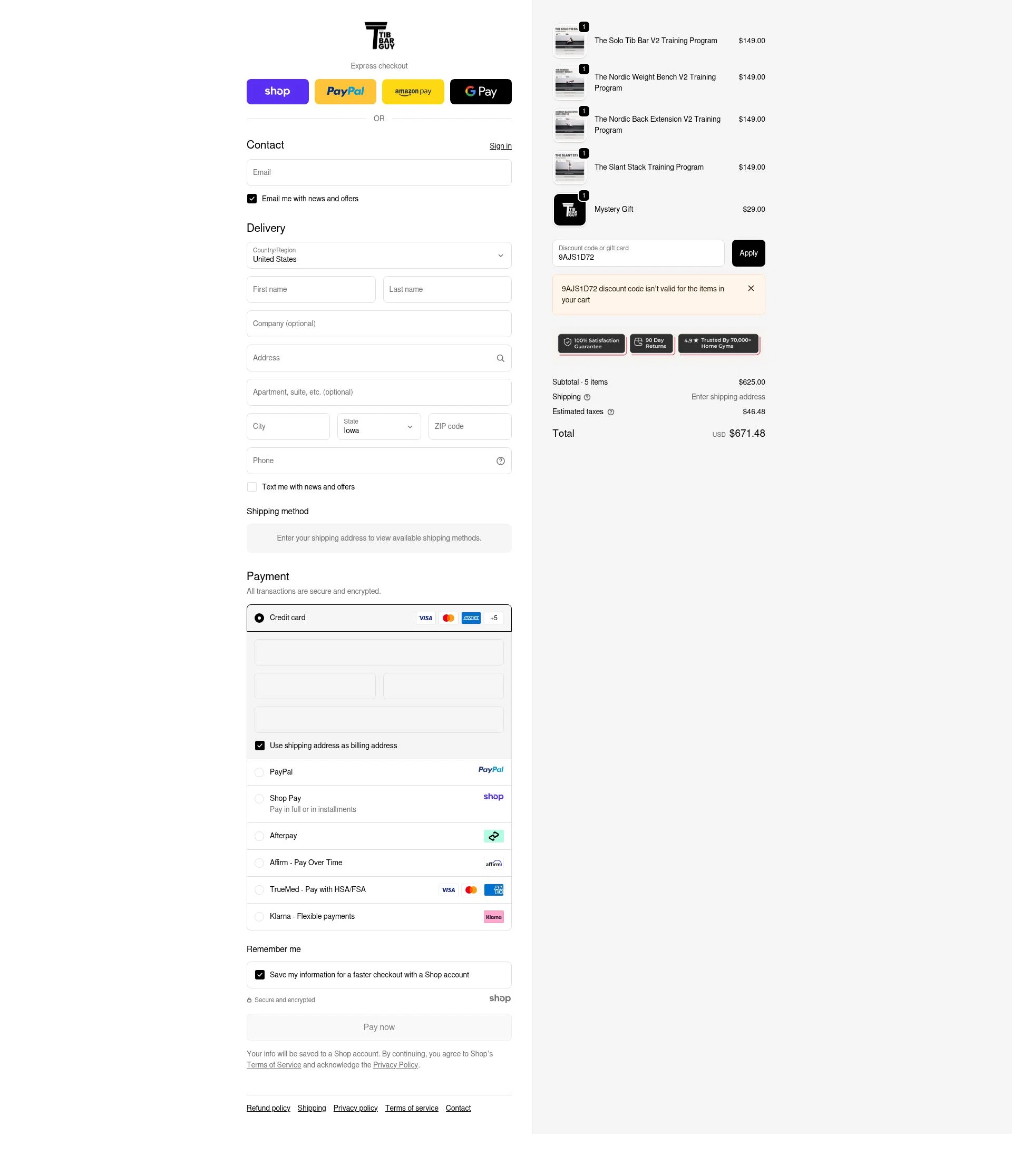 The Tib Bar Guy checkout page showing The Tib Bar Guy promo code box | Screenshot taken by SimplyCodes community member on Oct 6, 2025