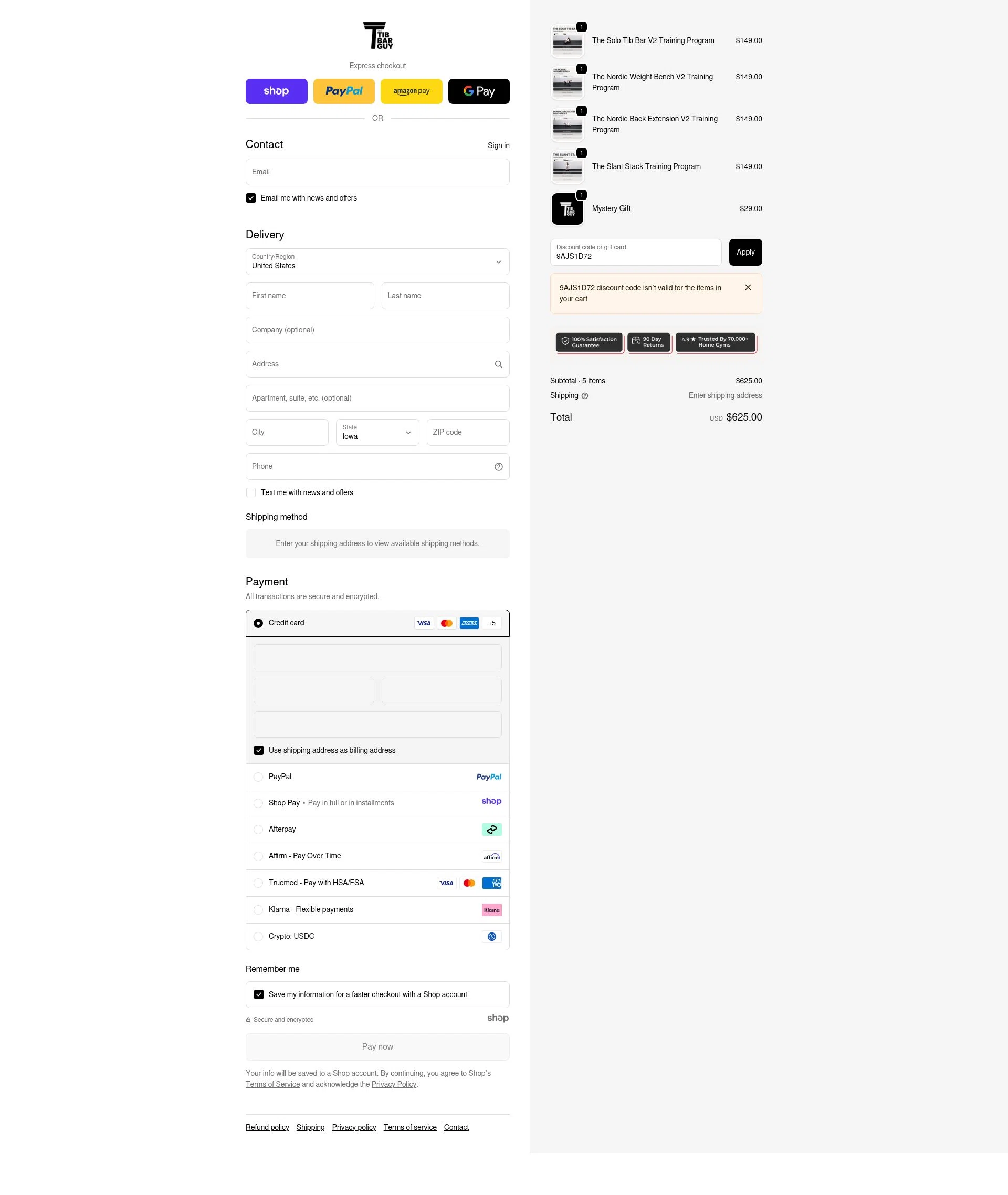 The Tib Bar Guy checkout page showing The Tib Bar Guy promo code box | Screenshot taken by SimplyCodes community member on Nov 8, 2025
