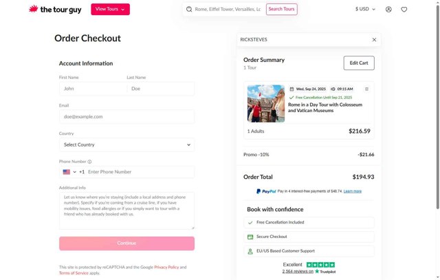 The Tour Guy checkout page showing The Tour Guy promo code box | Screenshot taken by SimplyCodes community member on Aug 22, 2025