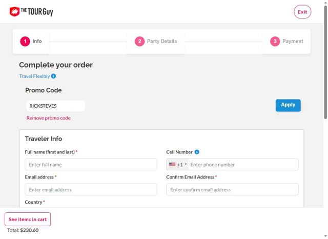 The Tour Guy checkout page showing The Tour Guy promo code box | Screenshot taken by SimplyCodes community member on May 12, 2025