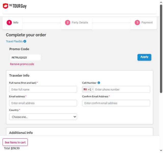 The Tour Guy checkout page showing The Tour Guy promo code box | Screenshot taken by SimplyCodes community member on May 12, 2025