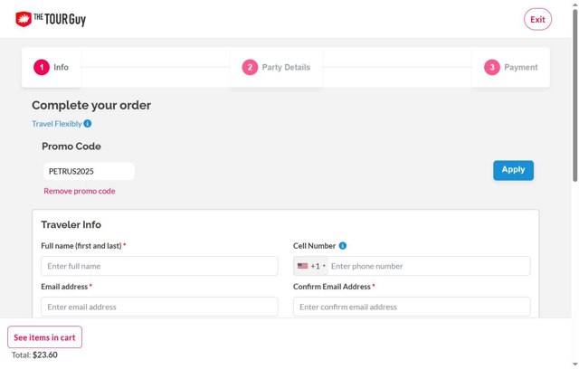 The Tour Guy checkout page showing The Tour Guy promo code box | Screenshot taken by SimplyCodes community member on Apr 30, 2025