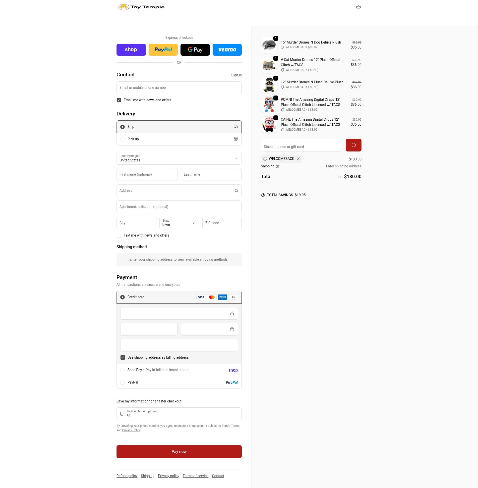 Toy Temple checkout page showing Toy Temple discount code box | Screenshot taken by SimplyCodes community member on Feb 5, 2026