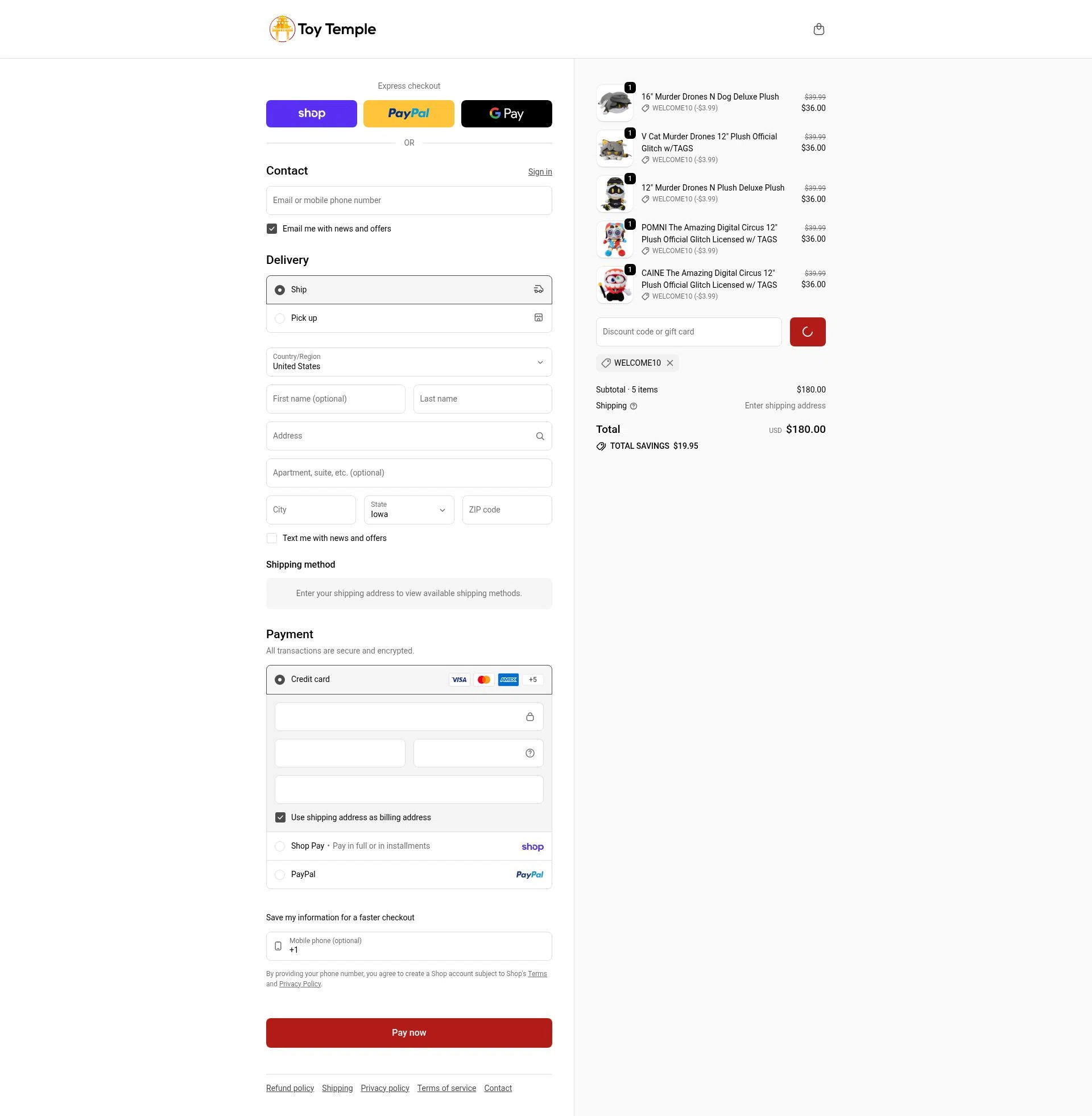 Toy Temple checkout page showing Toy Temple discount code box | Screenshot taken by SimplyCodes community member on Feb 1, 2026
