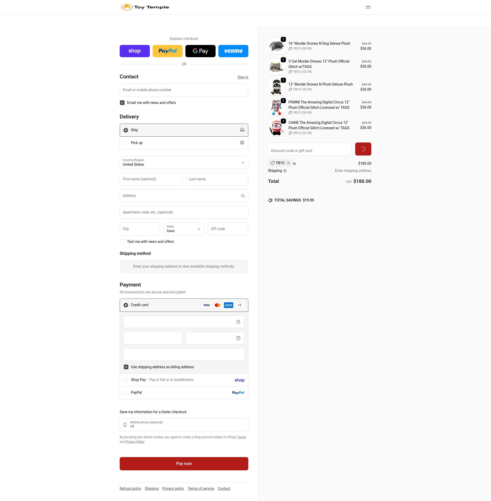 Toy Temple checkout page showing Toy Temple discount code box | Screenshot taken by SimplyCodes community member on Feb 5, 2026