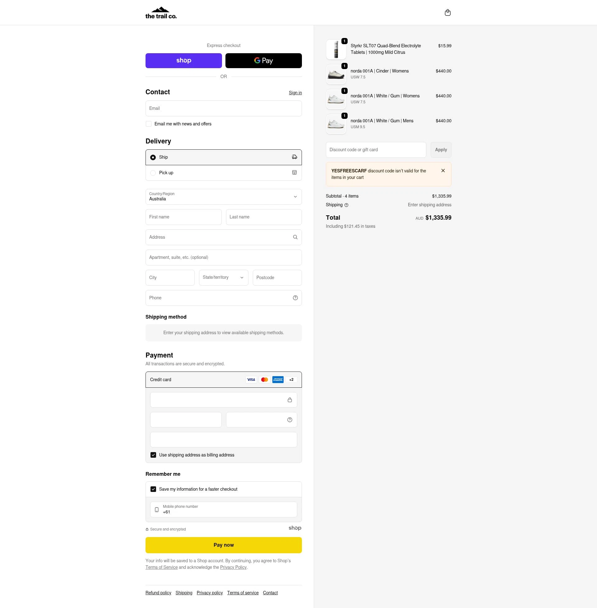 The Trail Co. checkout page showing The Trail Co. promo code box | Screenshot taken by SimplyCodes community member on Jan 1, 2026