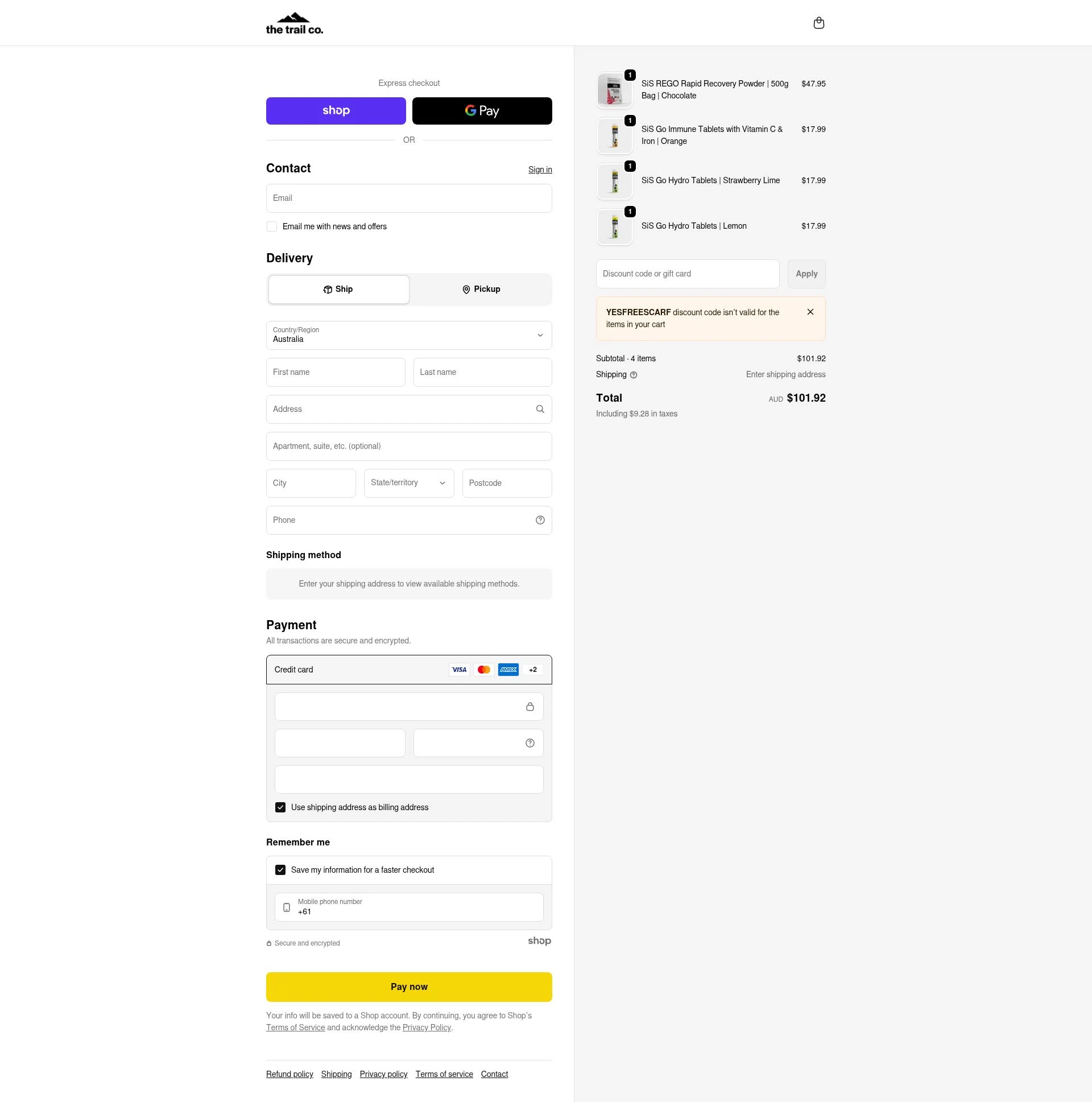 The Trail Co. checkout page showing The Trail Co. promo code box | Screenshot taken by SimplyCodes community member on Jan 22, 2026