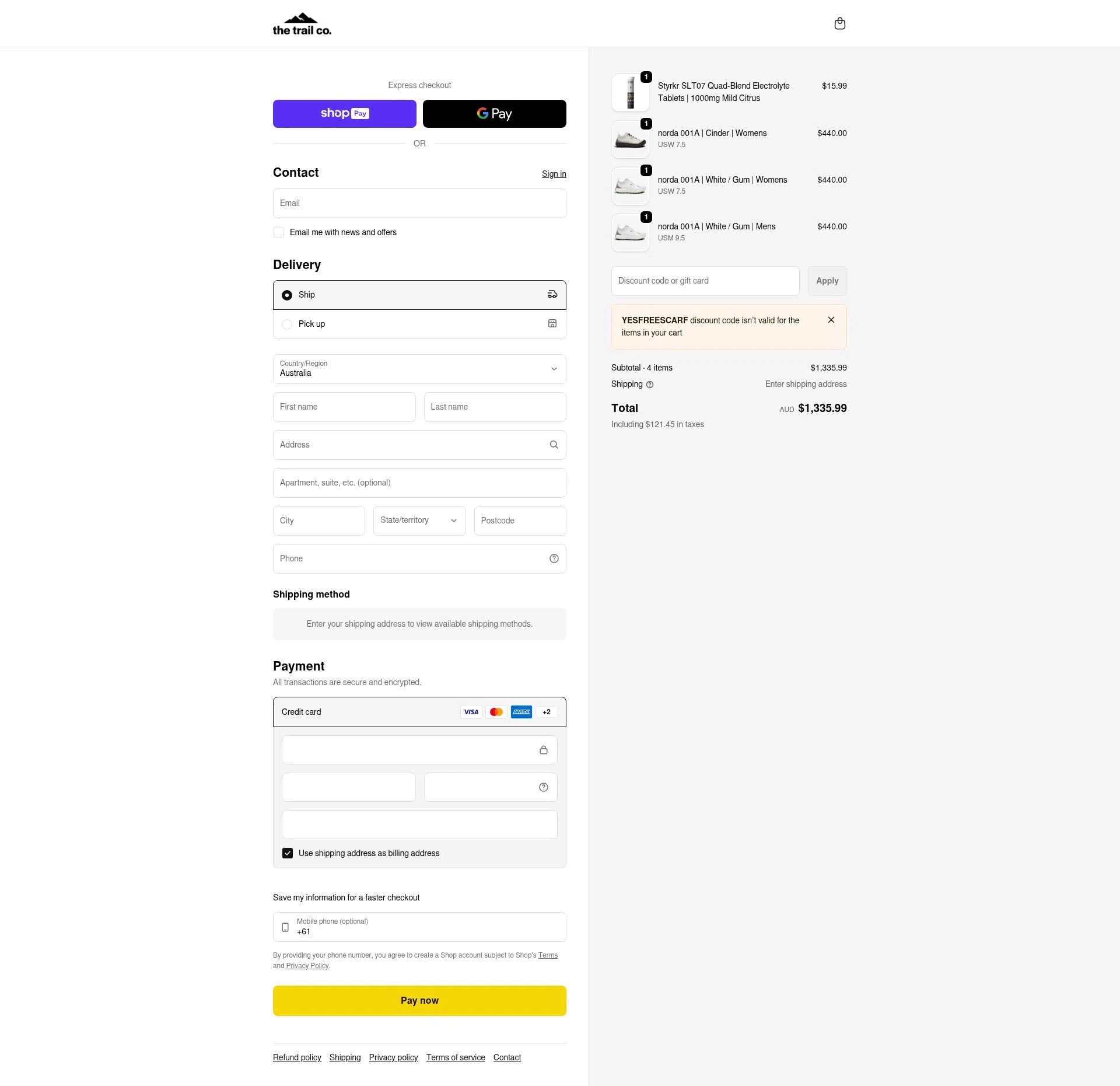 The Trail Co. checkout page showing The Trail Co. promo code box | Screenshot taken by SimplyCodes community member on Jan 7, 2026