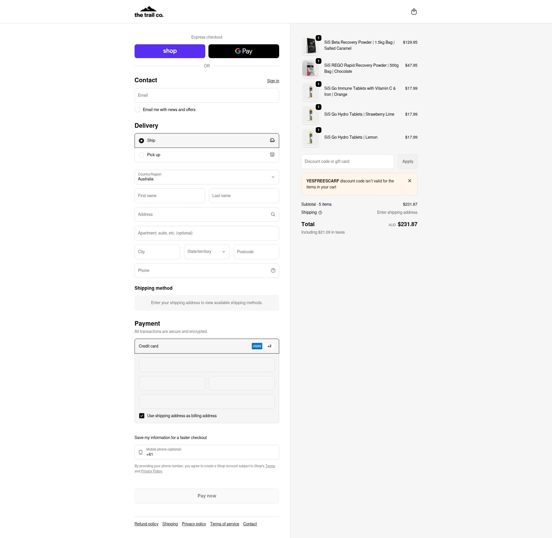 The Trail Co. checkout page showing The Trail Co. promo code box | Screenshot taken by SimplyCodes community member on Jan 31, 2026