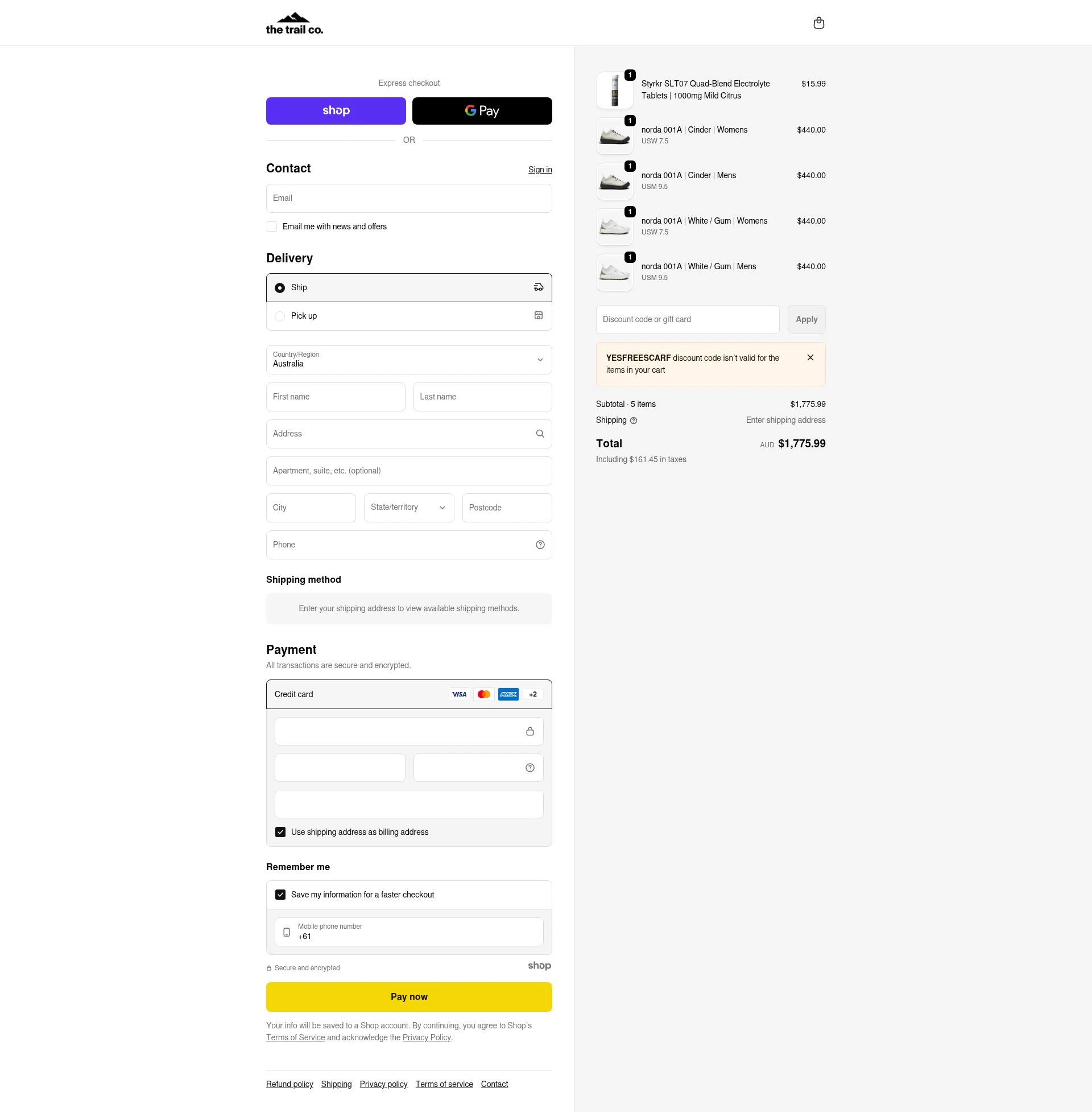 The Trail Co. checkout page showing The Trail Co. promo code box | Screenshot taken by SimplyCodes community member on Dec 27, 2025