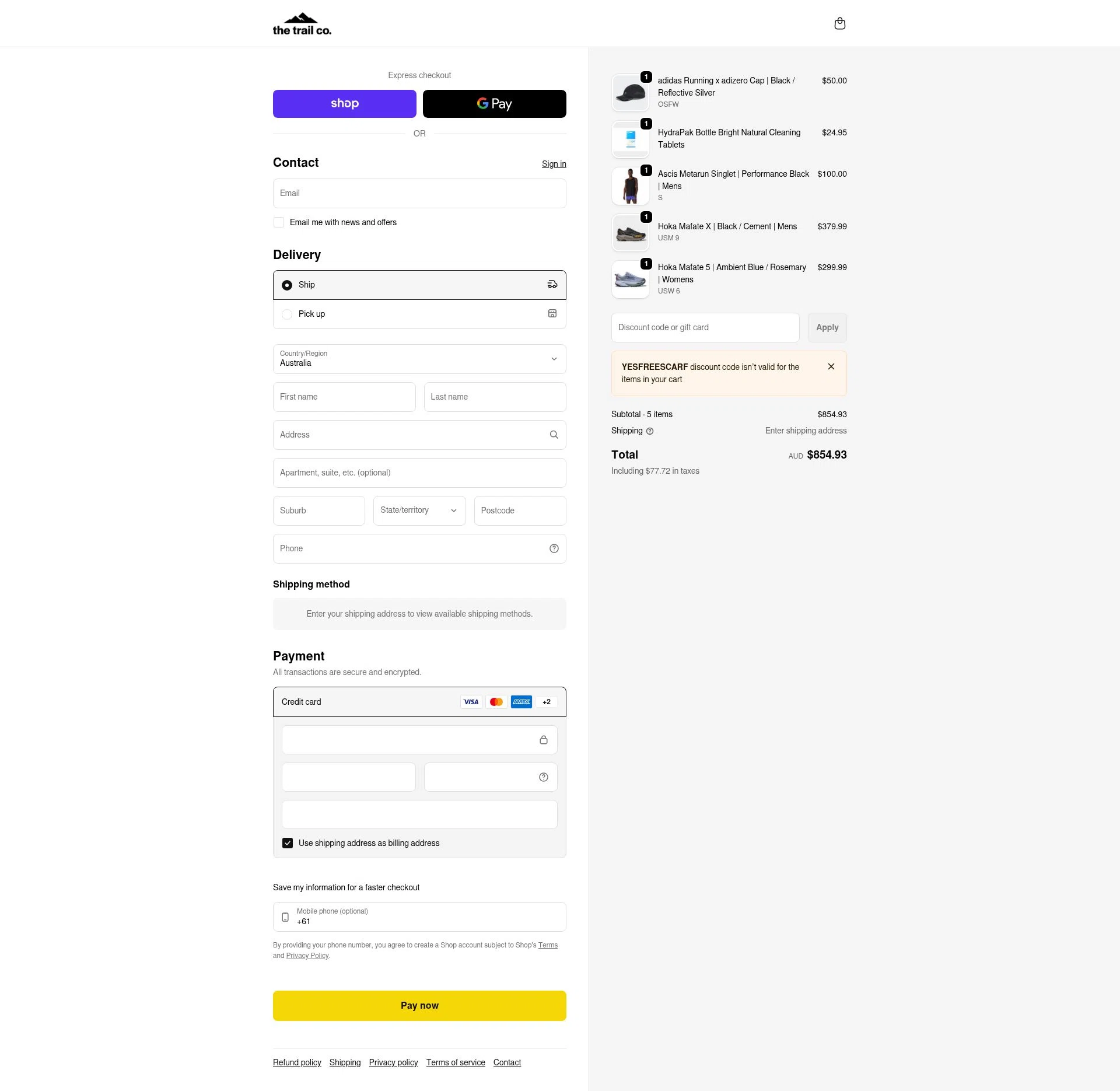 The Trail Co. checkout page showing The Trail Co. promo code box | Screenshot taken by SimplyCodes community member on Feb 13, 2026