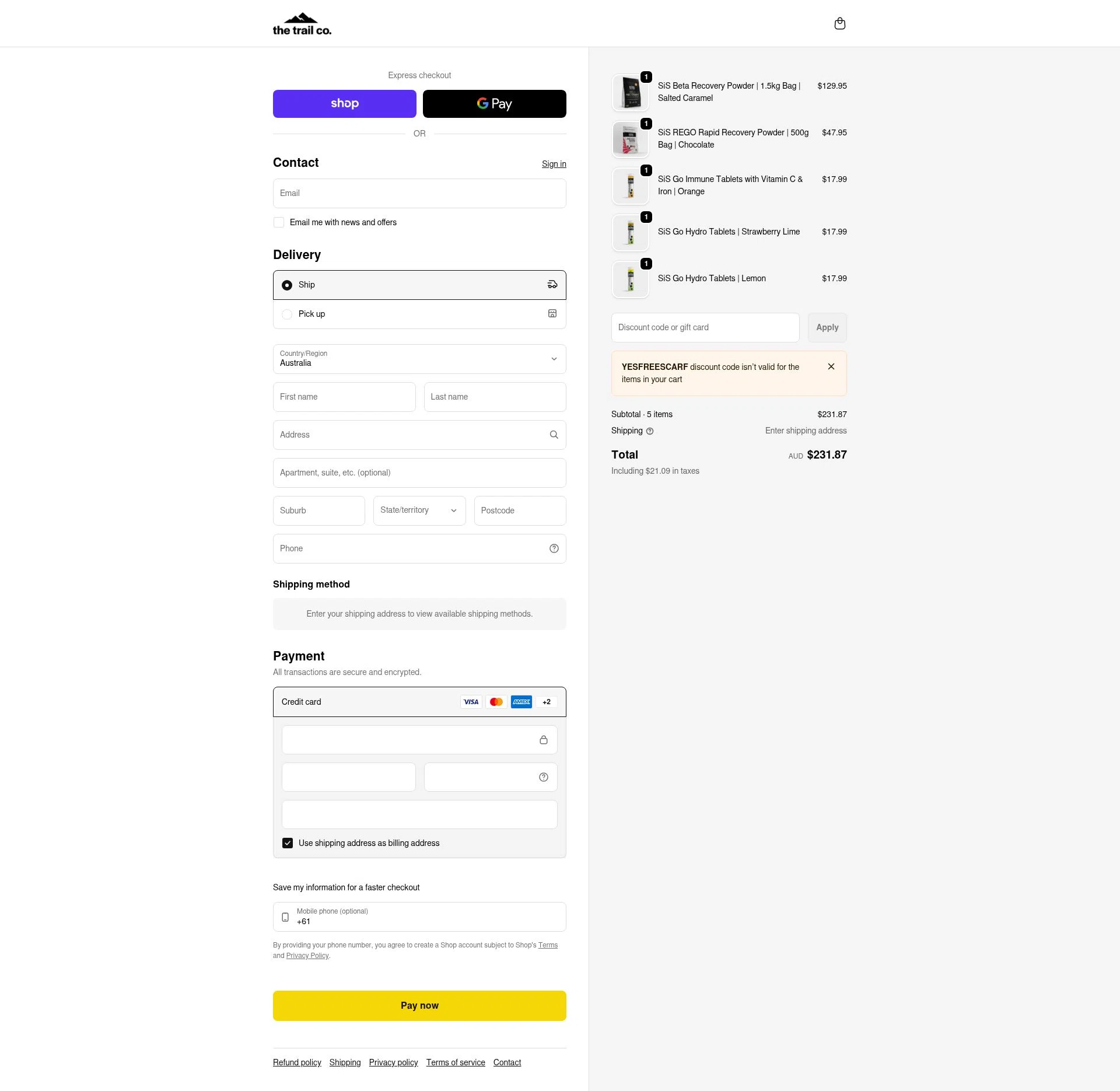 The Trail Co. checkout page showing The Trail Co. promo code box | Screenshot taken by SimplyCodes community member on Feb 8, 2026