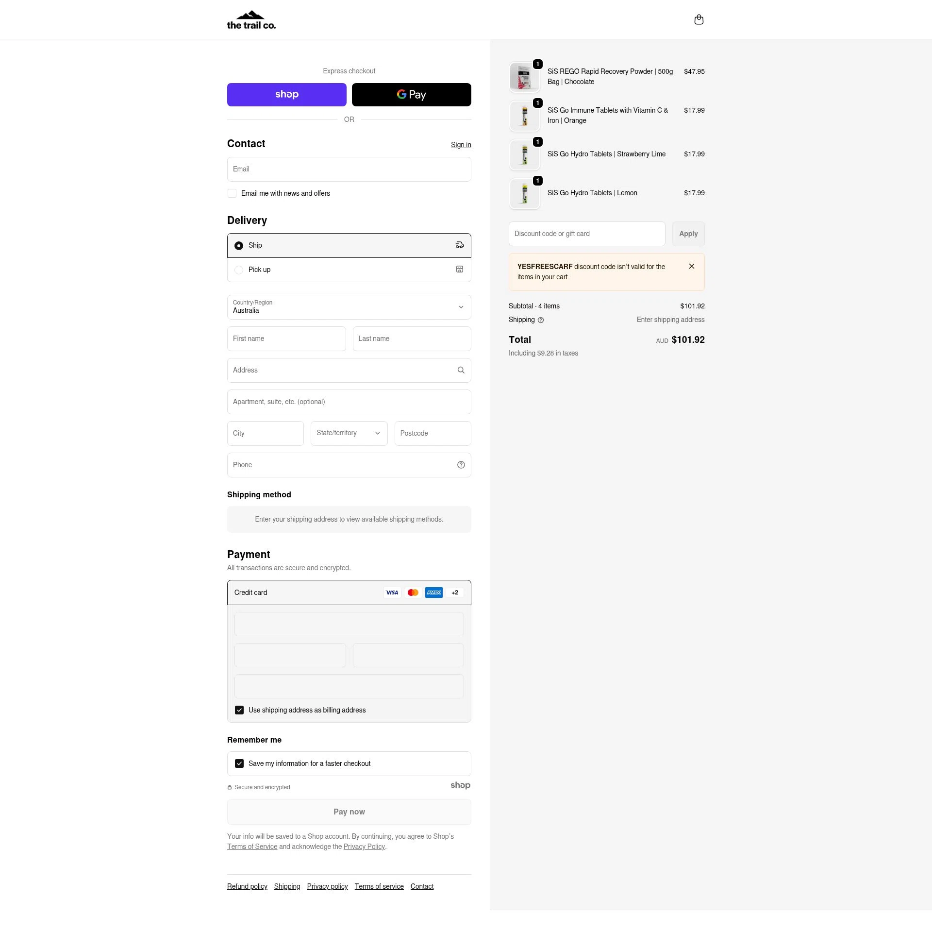 The Trail Co. checkout page showing The Trail Co. promo code box | Screenshot taken by SimplyCodes community member on Jan 17, 2026