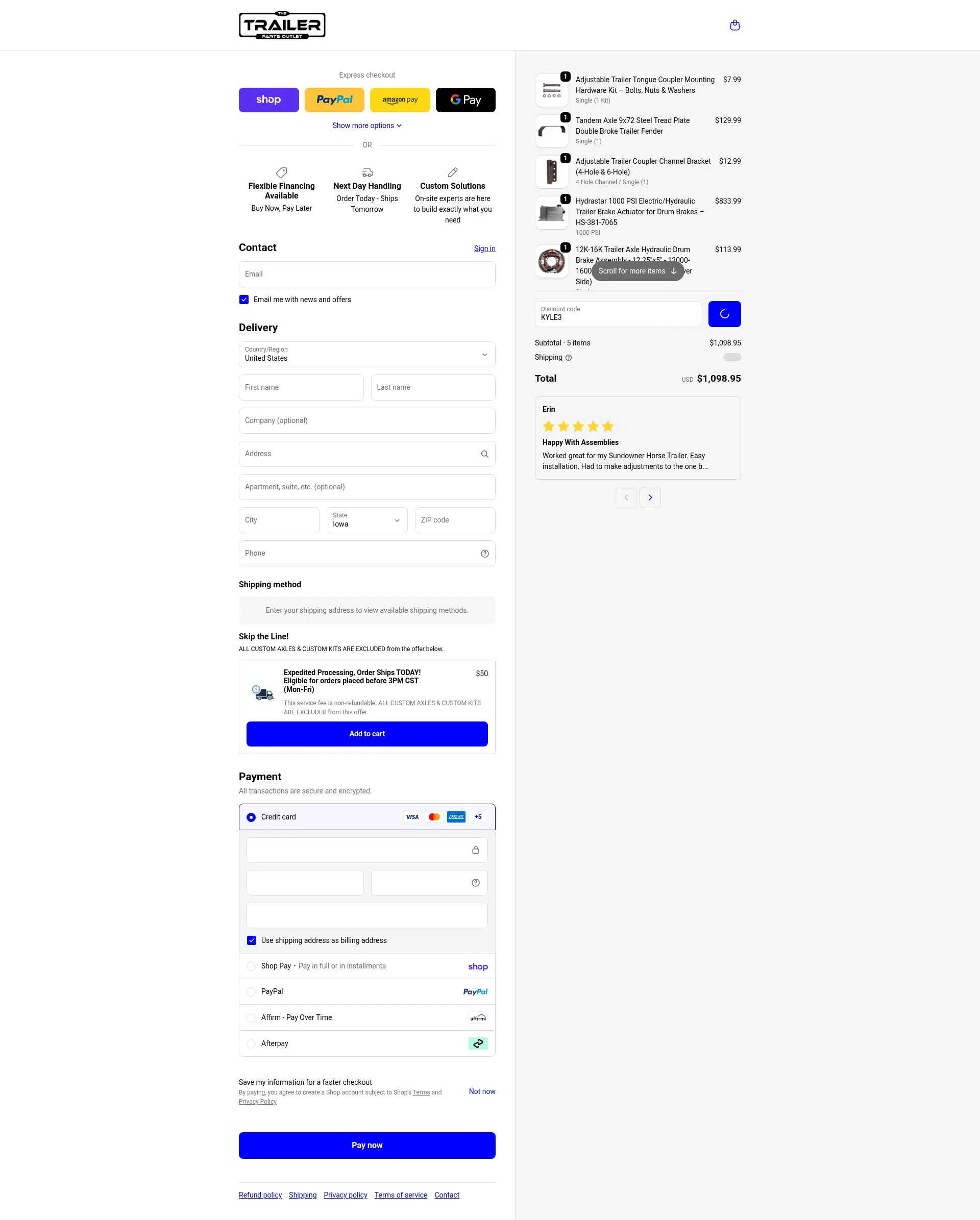 The Trailer Parts Outlet checkout page showing The Trailer Parts Outlet discount code box | Screenshot taken by SimplyCodes community member on Feb 18, 2026