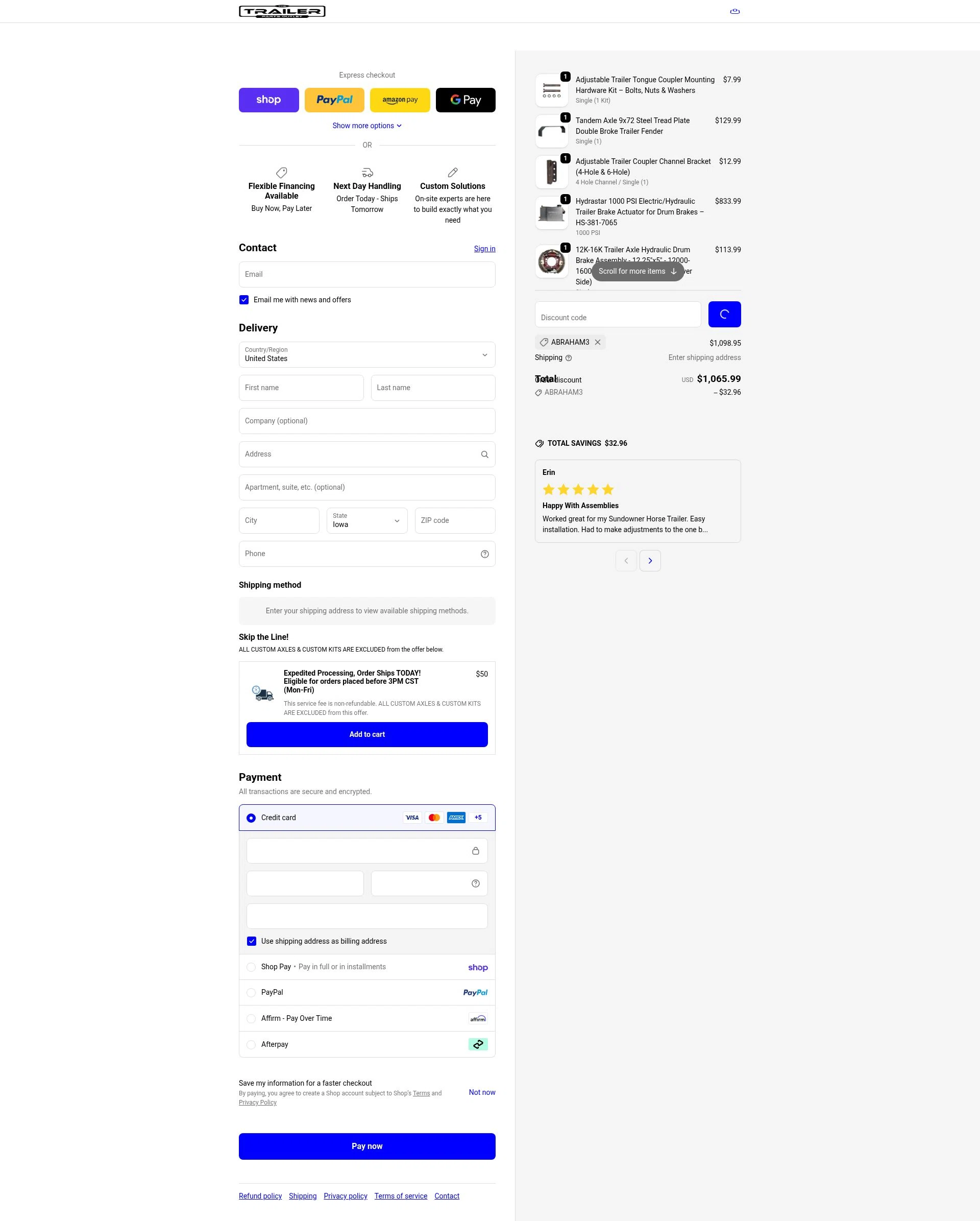 The Trailer Parts Outlet checkout page showing The Trailer Parts Outlet discount code box | Screenshot taken by SimplyCodes community member on Feb 18, 2026